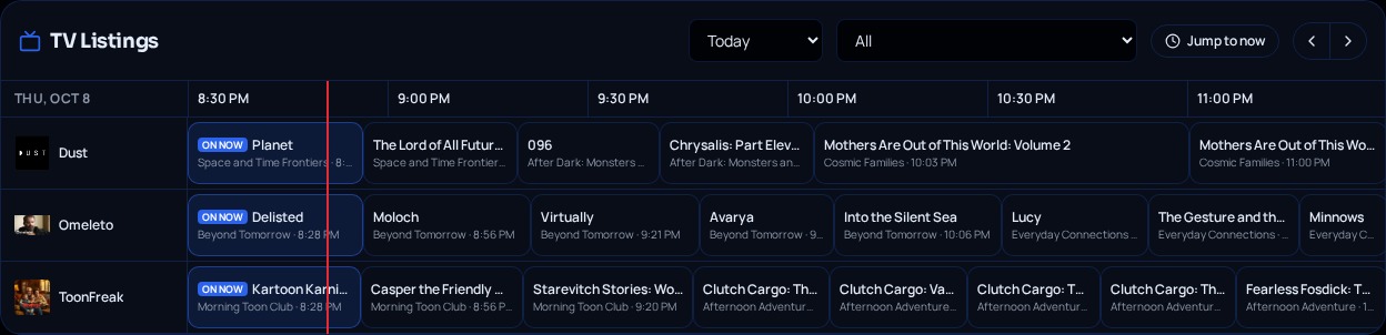 TV Listings preview showing Dust, Omeleto and ToonFreak with timed programs and On now badges